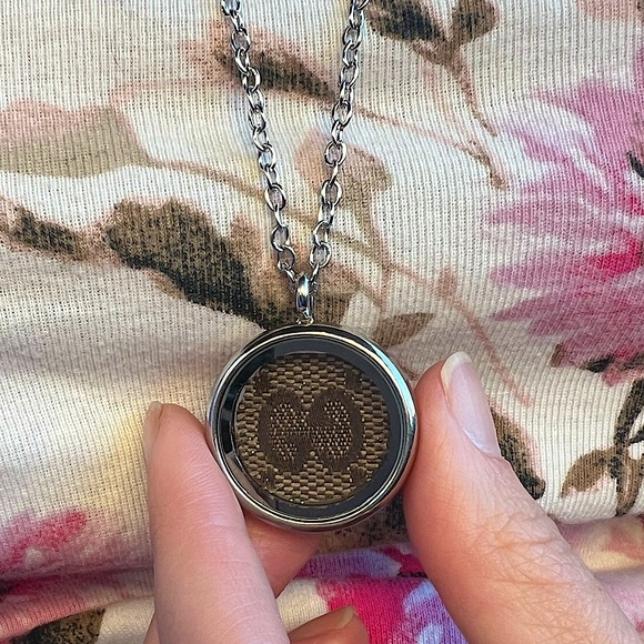 Authentic Custom Made Gucci Material Upcycled Necklace in Round Shadowbox Locket - Picture 1 of 6
